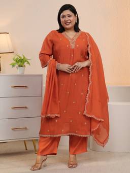 Extra love by Libas - Plus Size Orange Cotton A-Line Kurta with Trouser and Dupatta
