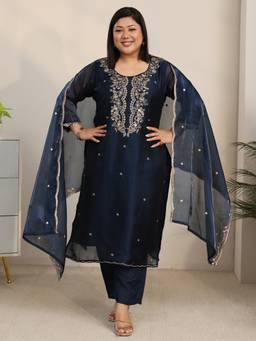 Extra love by Libas - Plus Size Blue Tissue Straight Kurta with Trouser and Dupatta