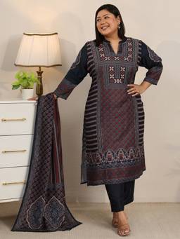Extra love by Libas - Plus Size Navy Blue Kurta with Trouser and Dupatta