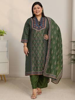 Extra love by Libas - Plus Size Olive Green Straight Kurta with Trouser and Dupatta