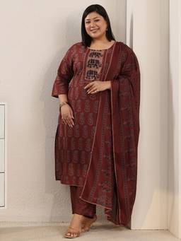 Extra love by Libas - Rust Ethnic Motifs Printed Kurta And Palazzo With Dupatta
