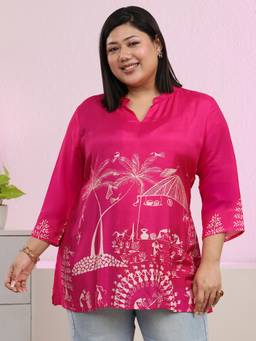 Extra love by Libas - Fuchsia Pink Tribal Printed Muslin Straight Short Kurti