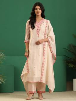 Libas - White Floral Embroidered Anarkali Kurta And Trouser With Printed Dupatta