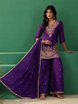 Libas - Purple Embellished Kurta With Palazzo And Dupatta
