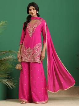 Libas - Pink Paisley Zari Embroidered Straight Kurta And Palazzo With Dupatta