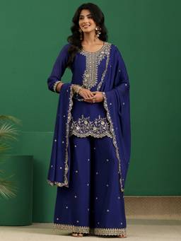 Libas - Blue Floral Zari Embroidered Straight Kurta And Palazzo With Dupatta