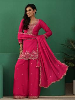 Libas - Pink Floral Zari Embroidered Straight Kurta And Palazzo With Dupatta