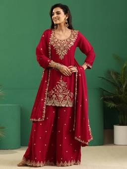 Libas - Red Floral Zari Embroidered Straight Kurta And Palazzo With Dupatta