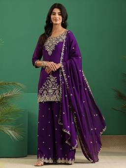 Libas - Purple Floral Zari Embroidered Straight Kurta And Palazzo With Dupatta