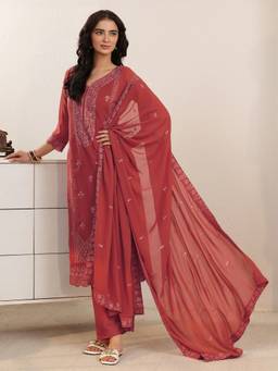 Libas - Coral Floral Embroidered Straight Kurta And Solid Trouser Dupatta