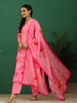 Libas - Pink Floral Printed Straight Kurta With Solid Trouser And Printed Dupatta
