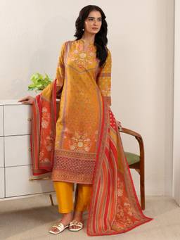 Libas - Mustard Floral Printed Straight Kurta With Solid Trouser And Printed Dupatta