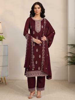 Libas - Maroon Ethnic Motif Zari Embroidered Straight Kurta And Trouser With Dupatta