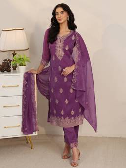Libas - Burgundy Ethnic Motif Kurta With Lining And Solid Trouser With Dupatta