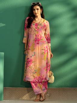 Libas - Pink Floral Printed A-Line Kurta With Lining And Floral Printed Trouser