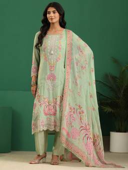 Libas - Green Floral Embroidered Kurta And Solid Trouser With Silk Chiffon Dupatta