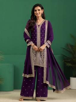 Libas Art - Purple Ethnic Motifs Zari Embroidered Kurta And Palazzo With Dupatta