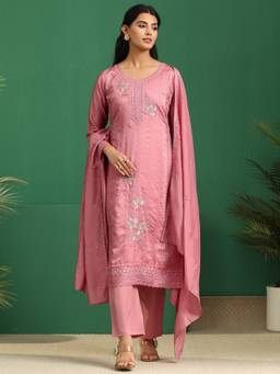 Libas - Pink Floral Sequins Embellished Straight Kurta And Solid Trouser With Dupatta
