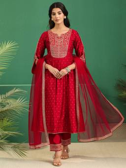 Libas - Red Ethnic Motif Woven Design Kurta With Solid Trouser And Net Dupatta