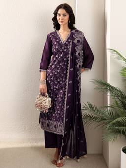 Libas - Purple Floral Thread Work Embroidered Straight Kurta And Trouser With Dupatta