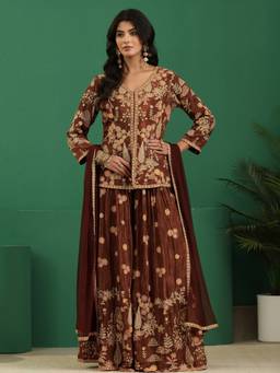 Libas Art - Brown Floral Embroidered Short Kurti With Embroidered Palazzo And Net Dupatta