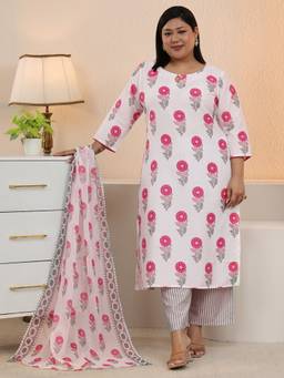 Extra love by Libas - White Floral Printed Cotton Blend Straight Suit Set With Dupatta