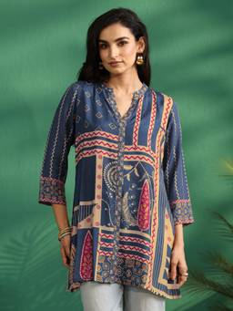 Libas - Blue Ethnic Motif Printed Panelled Straight Kurti