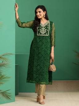 Libas - Green Bandhani Printed Straight Kurta