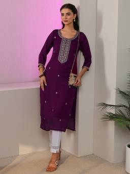 Libas - Purple Floral Motif Zari Embroidered Straight Kurta
