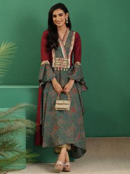 Libas - Red Bandhani Printed Panelled Anarakali Style Kurta
