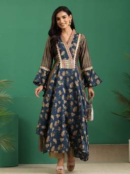 Libas - Teal Floral Printed Panelled Anarakali Style Kurta