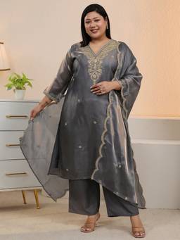 Extra love by Libas - Slate Grey Straight Kurta with Trouser and Dupatta