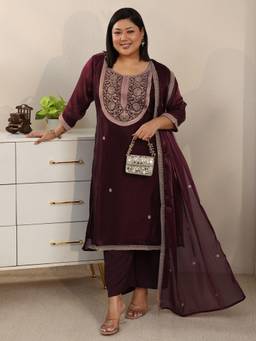 Extra love by Libas - Maroon Yoke Design Tissue Straight Kurta with Trouser and Dupatta