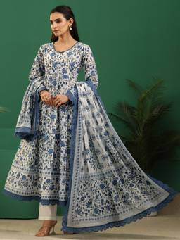 Libas - White Floral Printed Anarkali Kurta With Zip Closure And Trouser With Dupatta