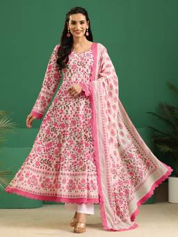 Libas - White Floral Printed Anarkali Kurta And Solid Trouser With Printed Dupatta
