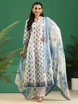 Libas - White Floral Motif Printed Panelled Anarkali Kurta And Trouser With Dupatta