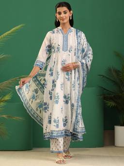 Libas - White Floral Printed Panelled Anarakali Kurta With Palazzo And Dupatta