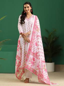 Libas - White Floral Printed Panalled Anarkali Kurta And Trouser With Printed Dupatta
