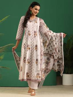 Libas - White Floral Printed Panelled Anarkali Kurta With Trouser And Print Dupatta