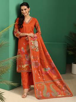 Libas - Orange Tribal Printed Straight Kurta With Printed Trouser And Printed Dupatta