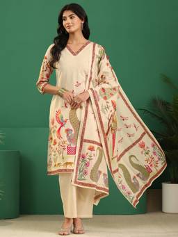 Libas - Cream Tribal Printed Straight Kurta With Printed Trouser And Printed Dupatta