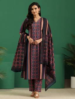 Libas - Multi Color Ajrakh Printed Straight Kurta With Printed Trouser And Printed Dupatta