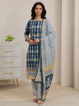 Libas - Blue Ethnic Motif Printed Straight Kurta With Printed Trouser And Dupatta