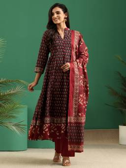 Libas - Black Ajrakh Printed Anarkali Kurta With Trouser And Floral Printed Dupatta