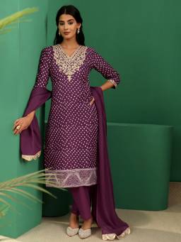 Libas - Burgundy Bandhani Printed Straight Kurta With Solid Trouser And Solid Dupatta