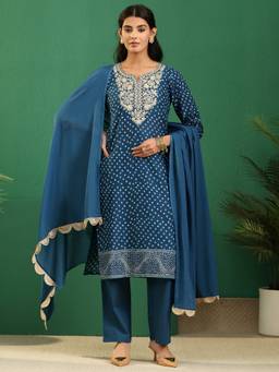 Libas - Teal Bandhani Embroidered Straight Kurta With Solid Trouser And Solid Dupatta