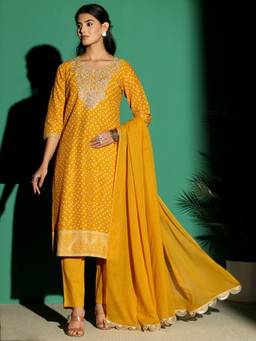 Libas - Mustard Bandhani Embroidered Straight Kurta With Solid Trouser And Solid Dupatta