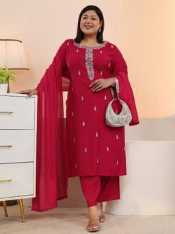 Extra love by Libas - Red Straight Kurta With Trouser And Dupatta