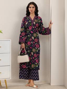 Gerua By Libas - Blue Floral Printed Straight Kurta With Printed Trouser