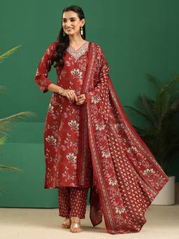 Gerua By Libas - Crimson Red Floral Printed A-Line Suit Set